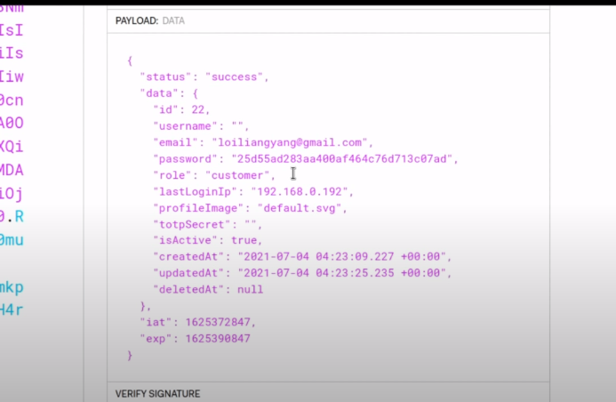 a screenshot of JWT claims showing multiple fields that could be considered sensitive